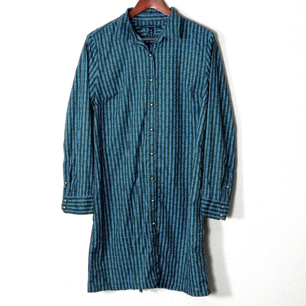 Tommy Hilfiger Shirt Dress Size L Blue Green Nautical Chain Print Preppy